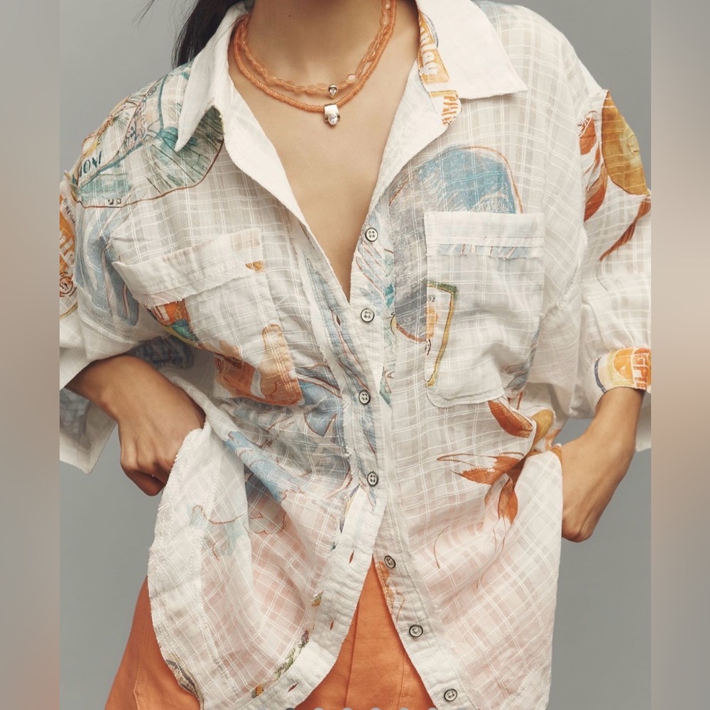 Anthropologie Pilcro Batwing Button Front Top Tropical Print Breezy Gauzy Shirt - Picture 2 of 9